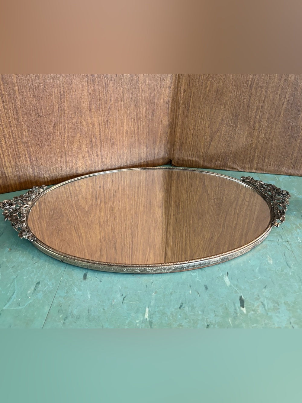 Vintage Oval Gold Wall Mirror or dresser vanity tray ornate roses